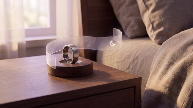 Smart ring on wooden charging stand on bedside table beside bed with sleep wave and moon icon overlay in warm atmospheric bedroom