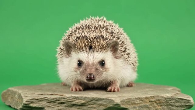 African pygmy hedgehog resting on stone slab sniffing and looking around against green screen studio background
