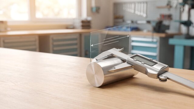 Digital vernier caliper measuring machined aluminium cylinder on wooden workbench with transparent dimension arrows overlay in professional workshop