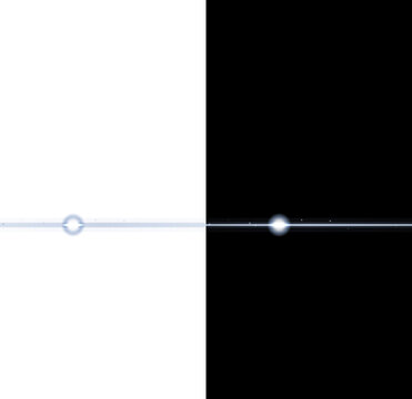 Cool blue horizontal light streak with bright central flare on split white and dark background isolated on a transparent background
