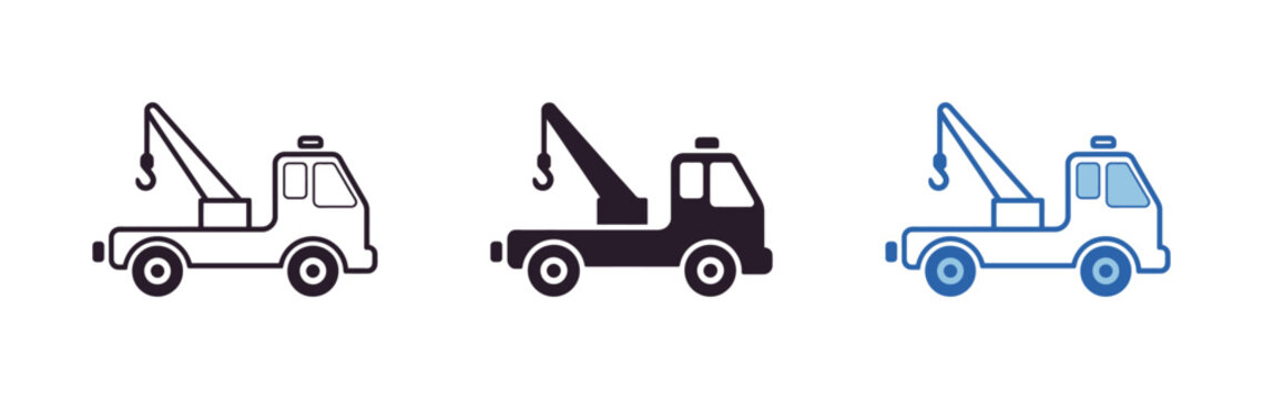 Tow truck symbols representing vehicle towing, roadside support, car recovery, emergency assistance, tow zones, parking restrictions, and automotive service designs.