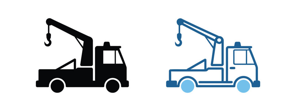 Tow truck icons for car towing, roadside assistance, vehicle recovery, emergency service, parking enforcement, and transportation symbols in clean line vector style.