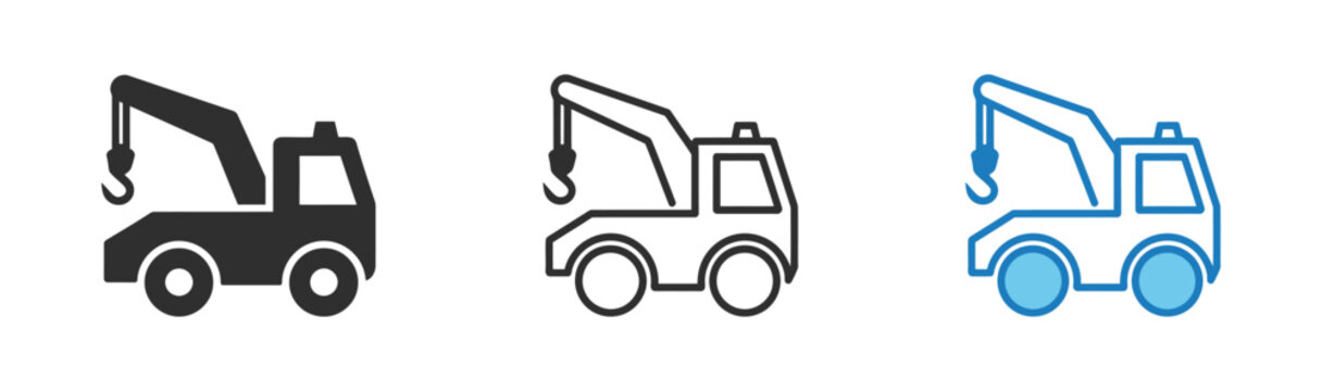 Vehicle towing and tow truck icons for roadside support, car recovery, emergency assistance, parking restrictions, tow zones, and automotive services.