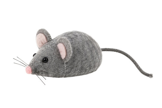 Cute gray felt mouse toy with pink ears and nose, designed for pets, isolated on a clean white background