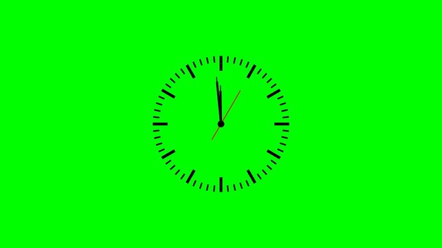 Real time clock animation with moving second hand, minimalist black analog clock face on bright green background, precise ticking timekeeper motion, countdown, timing and time lapse concept