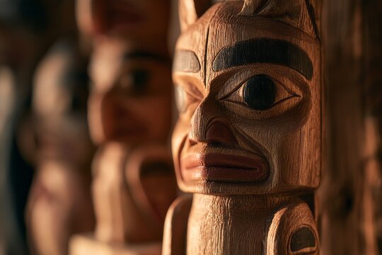 Detailed carving on traditional native american wooden totem pole close up, cultural heritage and indigenous peoples day celebration commercial background concept