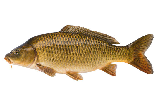 Large common carp fish with golden scales and prominent barbels is isolated on a clean white background