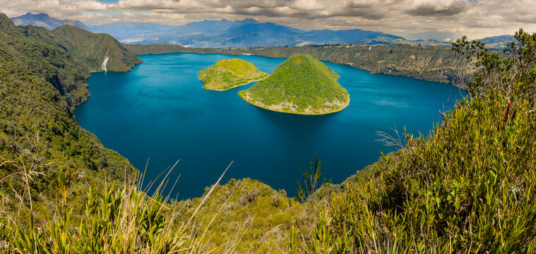 Cuicocha Lake volcanic crater landscape in Ecuador