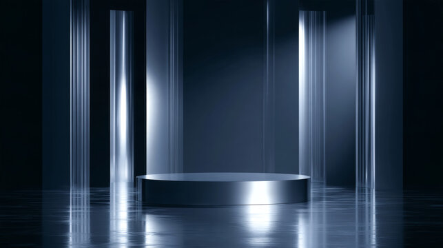 Architectural Chrome Monolith Stage with Polished Circular Podium