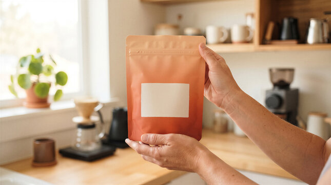 Person holding a blank orange coffee pouch in a cozy kitchen setting for branding and packaging mockup