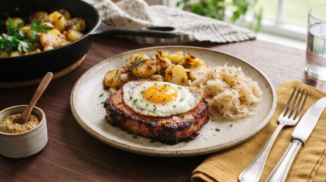 Hearty german meal featuring a thick grilled pork chop topped with a sunnysideup egg, served with roasted potatoes and sauerkraut