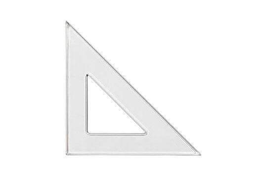 Clear plastic triangular ruler with a hollow center, used for geometry and drafting, isolated on a clean white background