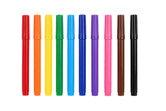 Vibrant row of colorful marker pens stands upright, showcasing a full spectrum of hues against a clean white background