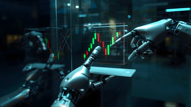 Robotic hand analyzing financial data on a digital screen, AI robot finger pointing at stock market charts, futuristic artificial intelligence trading