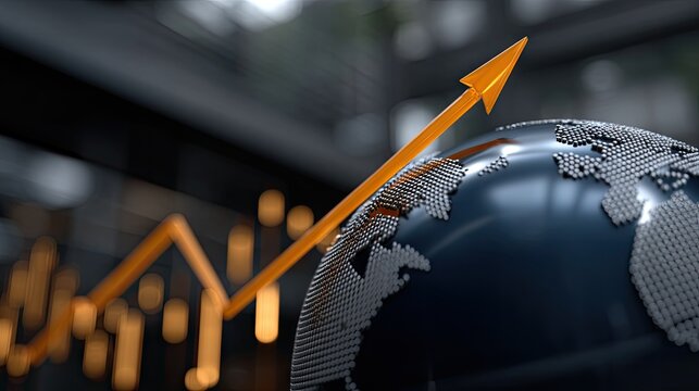 High tech financial graphic showcasing earth globe with growth trends and stock market charts on a dark blue background