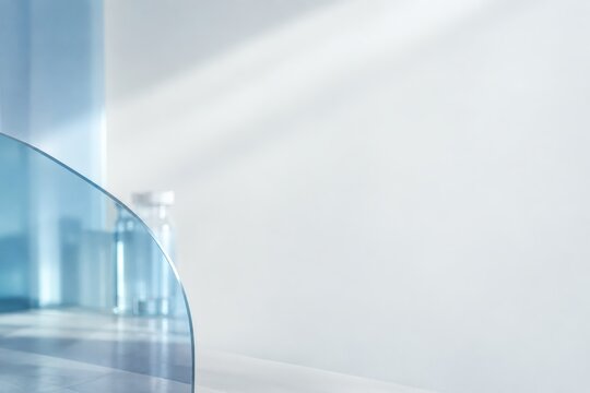 Minimalist Abstract Medical Background with Curved Blue Glass Panel and Blurred Vials with Copy Space