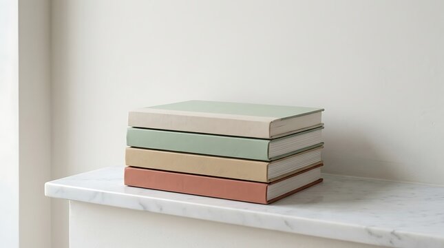 Minimalist Vertical Stack of Four Blank Linen Bound Books in Sage and Terracotta on White Marble Shelf. Elegant Neutral Hardcover Book Mockup with Copy Space against Smooth Plaster Wall.