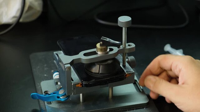 Technician removes a faulty smartphone from a repair vise after servicing. smartphone repair, gadget service, electronics repair, private workshop, quick repair