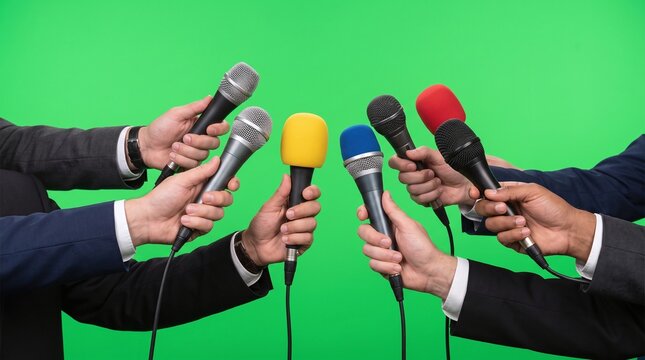 Press Conference with Diverse Hands Holding Multiple Microphones Against a Green Screen for Adaptable Media Content