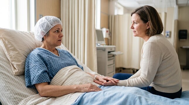 Preoperative anxiety support, Gowned patient holding companion hand, Covered hospital bed and attentive presence, Quiet preparation bay, Emotional reassurance before a procedure