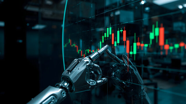 Robotic hand analyzing financial data on a digital screen, AI robot finger pointing at stock market charts, futuristic artificial intelligence trading