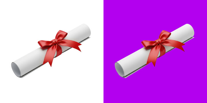 Rolled diploma paper scroll tied with a bright red silk ribbon bow for graduation transparent background, png