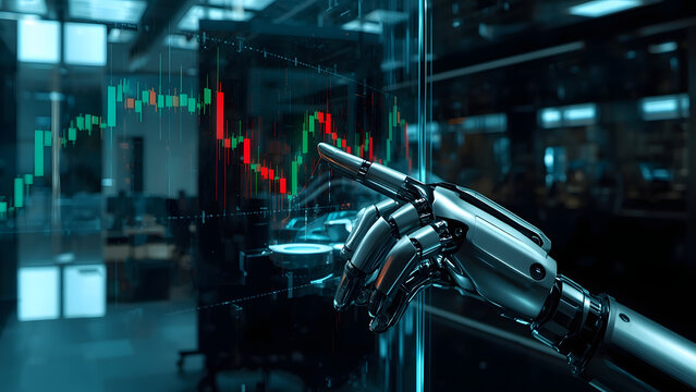 Robotic hand analyzing financial data on a digital screen, AI robot finger pointing at stock market charts, futuristic artificial intelligence trading