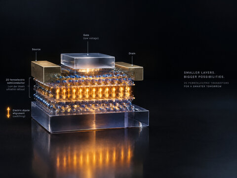 3D 2D ferroelectric material non-volatile logic concept, translucent van der Waals ferroelectric layer with glowing spontaneous polarization dipole switching with copy space