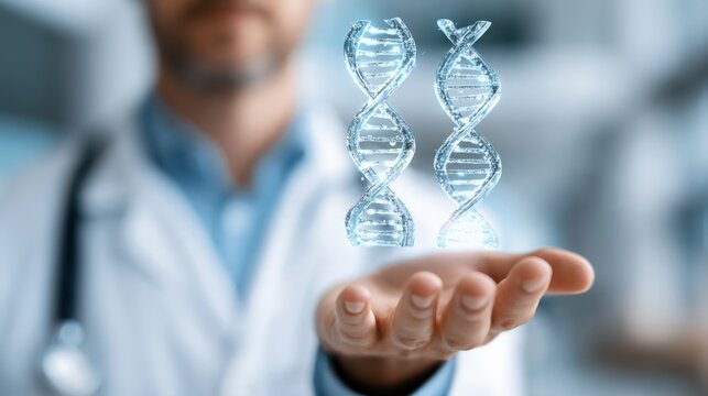 Male doctor presenting two luminous DNA double helices above his hand for genetic medicine and biotechnology campaigns