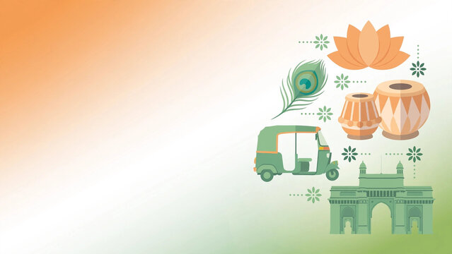 India Background Illustration with Gateway of India Mumbai Auto Rickshaw Tabla Drums Lotus Flower Peacock Feather Tricolor Gradient