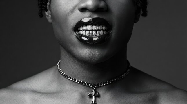 Close-up portrait of person with glossy dark lips, grillz, and cross necklace