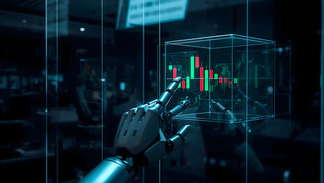 Robotic hand analyzing financial data on a digital screen, AI robot finger pointing at stock market charts, futuristic artificial intelligence trading