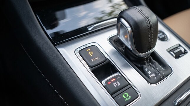 The Park Button on a Modern Car Gearshift Console Closeup