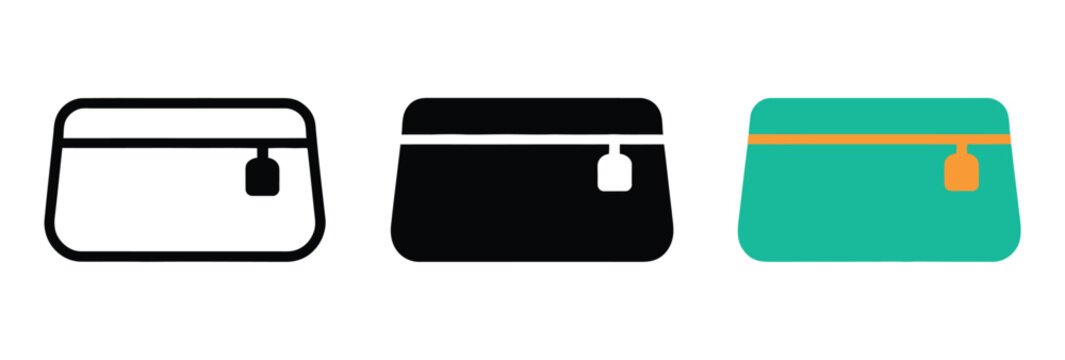 Small cosmetic bag icon set, line solid and teal versions, toiletry pouch, makeup bag, travel accessories, cosmetic storage, beauty care, vector graphic