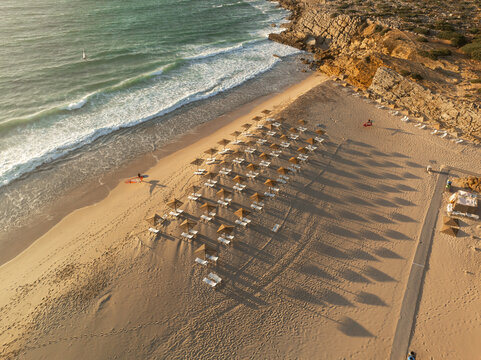 Aerial view of sandy beach and Atlantic Ocean in Portugal