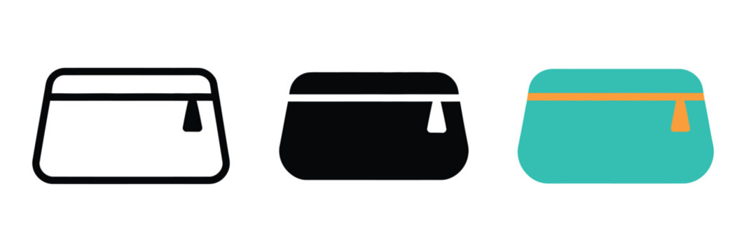 Small cosmetic bag icon set, line solid and teal versions, toiletry pouch, makeup bag, travel accessories, cosmetic storage, beauty care, vector graphic