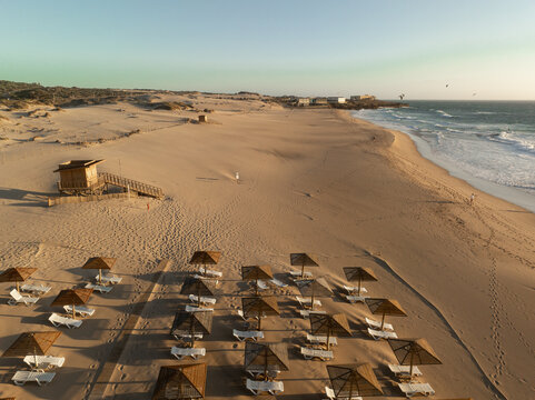 Aerial view of sand dunes and Atlantic Ocean in Portugal