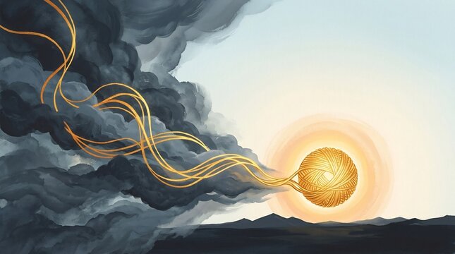 Glowing ball of golden yarn emerging from dark clouds, symbolizing mental health recovery, untangling depression, hope, emotional healing, and therapy.