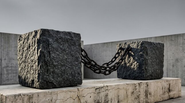 Heavy stone blocks linked by iron chains symbolizing depression, emotional burden, psychological trauma, and mental health struggle in brutalist setting.