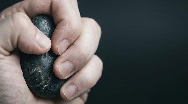 Hand tightly gripping black stone against dark background, symbolizing emotional stress, mental health tension, anxiety relief, and psychological grounding techniques.
