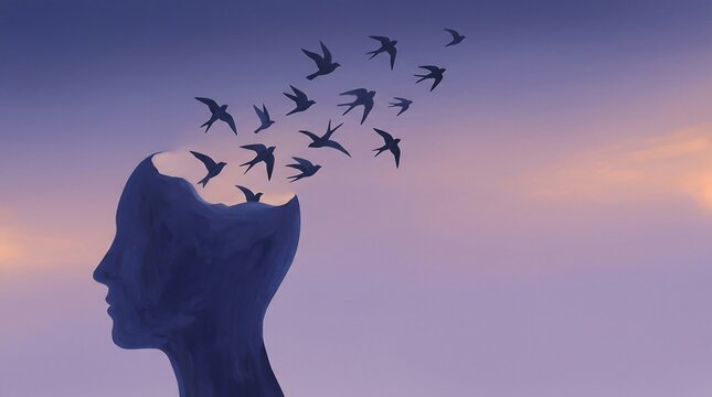 Human head silhouette releasing birds into evening sky, symbolizing mental health recovery, anxiety relief, freedom of thought, and mindfulness meditation.