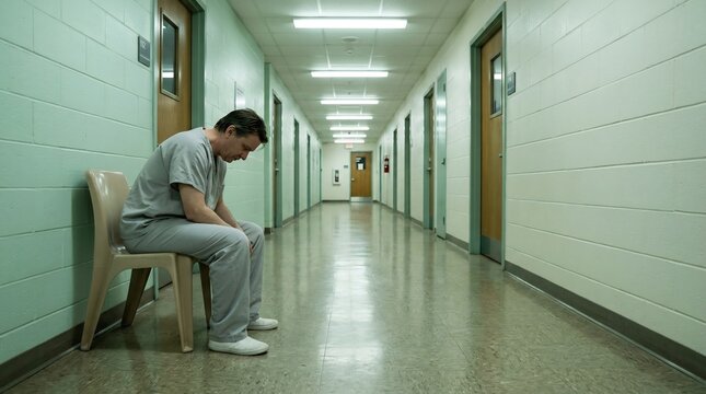 Depressed man sitting alone in sterile psychiatric hospital corridor, head bowed in despair, reflecting mental health crisis, isolation, and clinical depression.