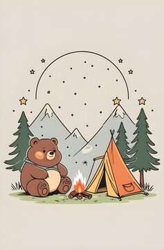 Cute bear camping by a campfire in the mountains with a tent