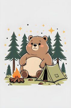 Cute cartoon bear camping with a tent and campfire in the forest