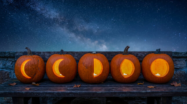 Five carved jack-o'-lanterns with crescent moon faces glowing on a wooden bench under a starry night sky