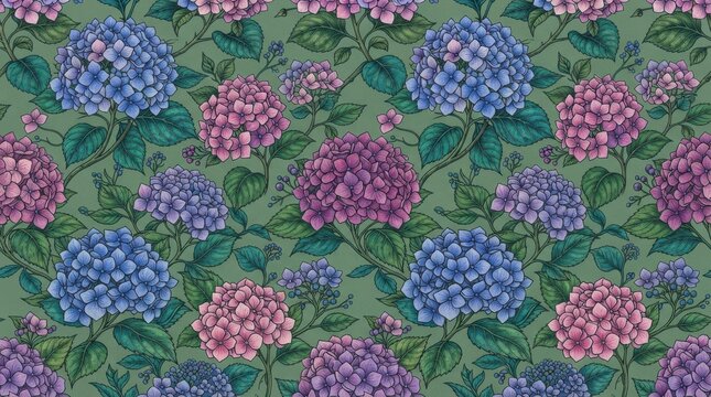 Seamless pattern with blooming blue and pink hydrangea flowers and green leaves