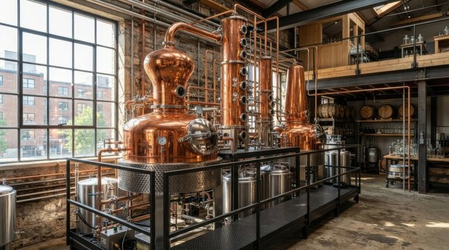 Modern craft distillery interior with large copper stills and brewing equipment