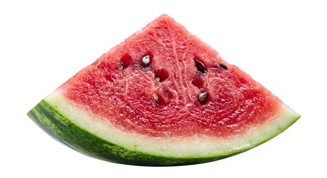 Juicy red watermelon slice with black seeds on transparent background for summer fruit projects.
