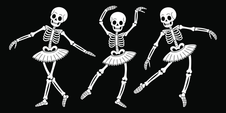Cartoon illustration of three cute dancing skeletons wearing white ballerina tutus performing ballet poses