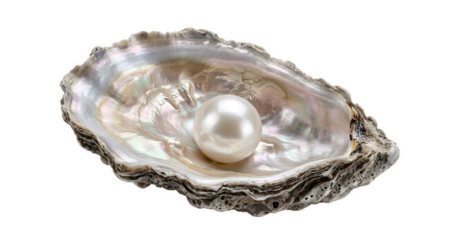 Large white pearl resting inside open textured oyster shell for luxury jewelry and oceanic themes.